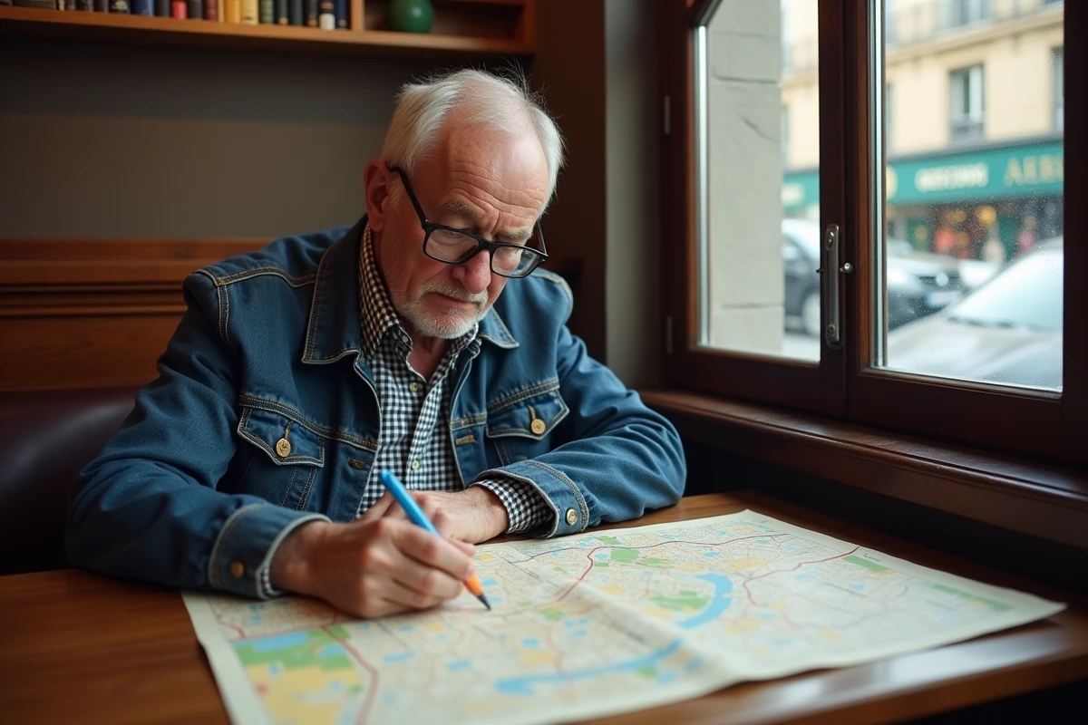 Homme âgé étudiant plan de Paris dans café