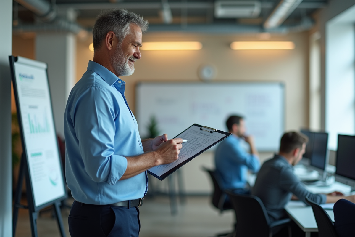 Homme d affaires vérifiant une checklist au bureau