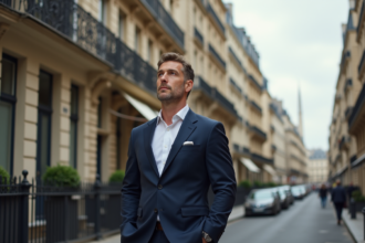 Homme en costume sur un trottoir parisien avec immeubles haussmanniens