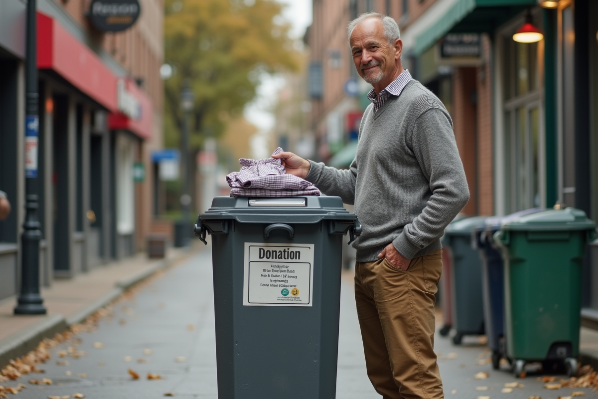 Homme dépose un vêtement dans une boîte de dons en ville