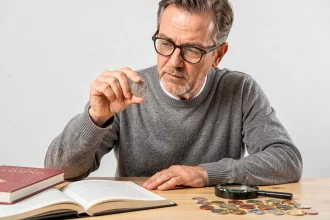 Homme examinant attentivement une pièce de 2 euros rare avec une loupe sur un bureau en bois