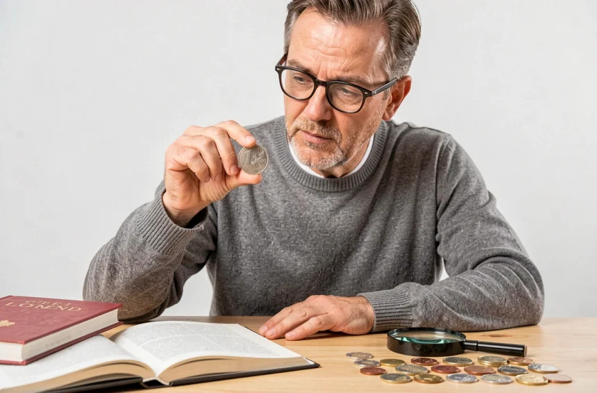Homme examinant attentivement une pièce de 2 euros rare avec une loupe sur un bureau en bois