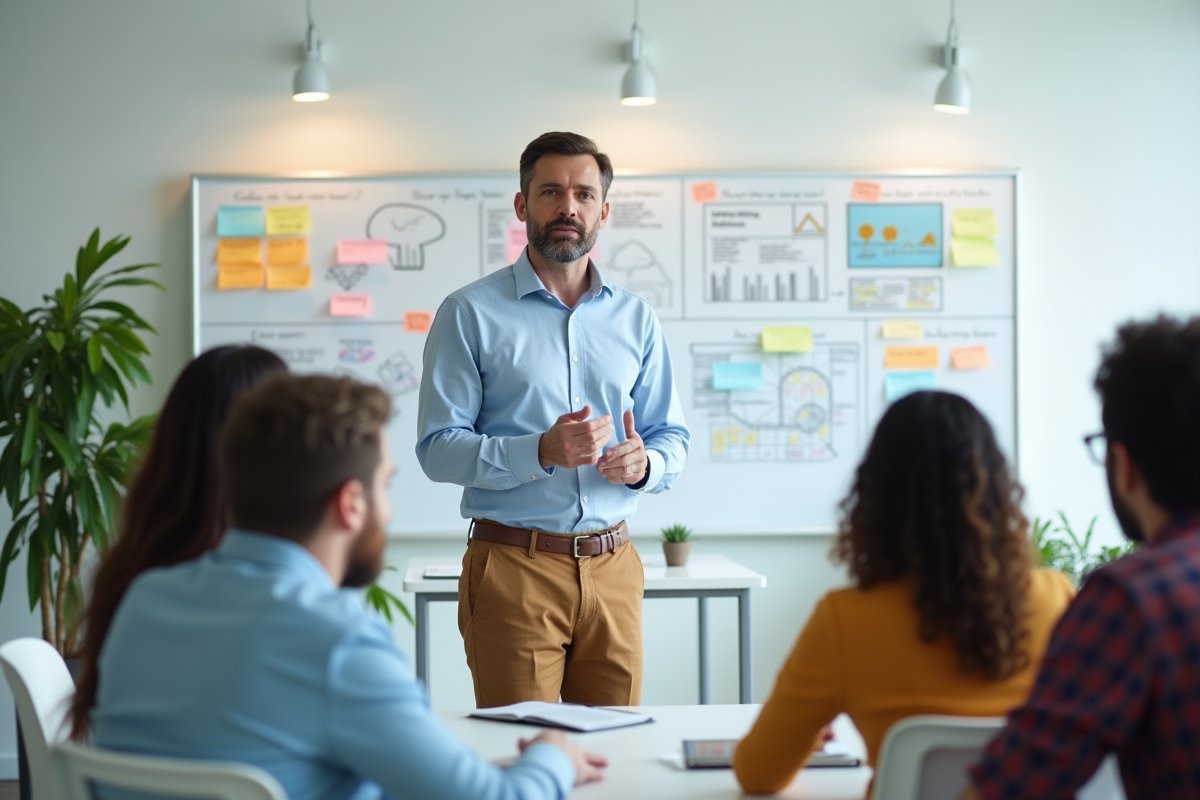 Homme en formation expliquant un concept devant un tableau