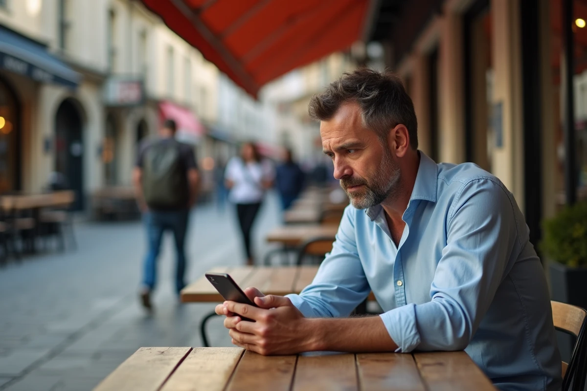Homme regardant discrètement son téléphone au café
