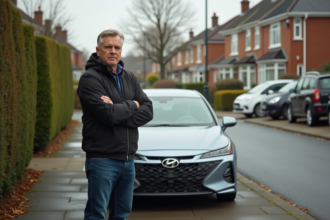 Homme inquiet à côté d'une voiture hybride moderne