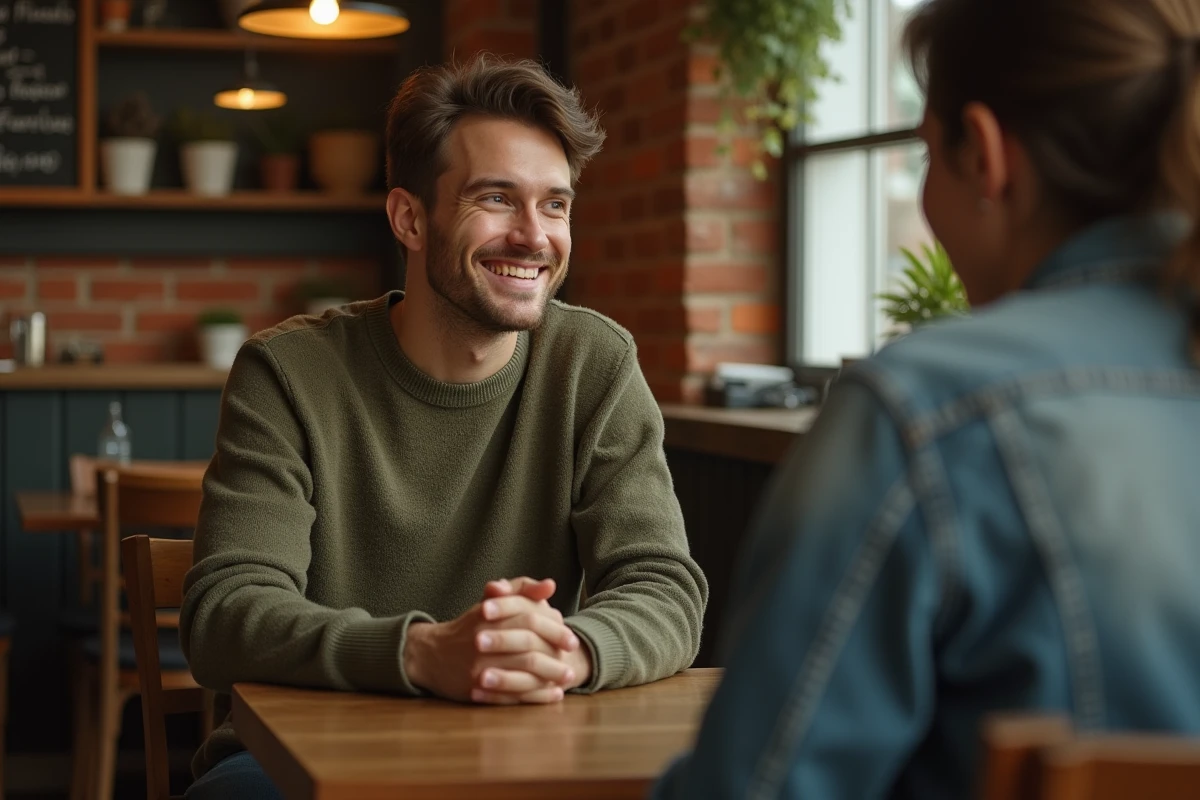 Homme MBTI Protagoniste ENFJ à l'écoute empathique d'un ami dans un café chaleureux