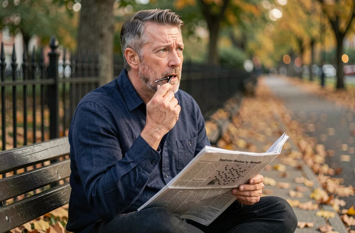 Homme concentré résolvant des mots croisés dans un journal sur un banc de parc en automne