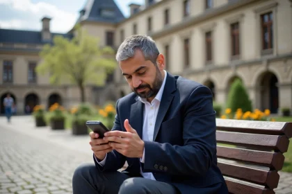 Homme musulman en ville de Compiègne regardant son smartphone