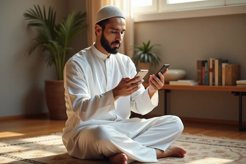 Homme musulman consultant les horaires Imsak sur une application de prière sur smartphone