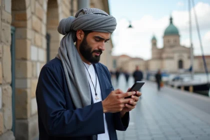 Homme musulman en thobe vérifiant son téléphone près du vieux port