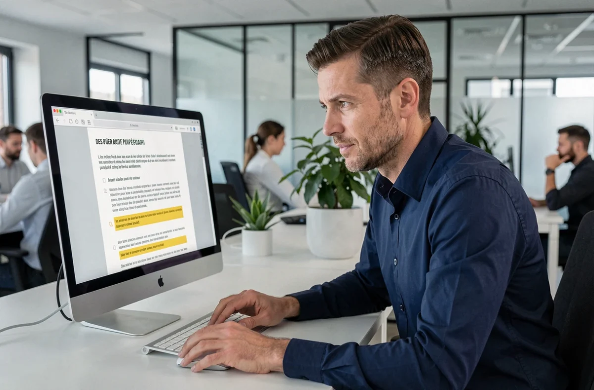 Homme professionnel corrigeant un texte en français avec un logiciel de correction grammaticale sur son ordinateur de bureau