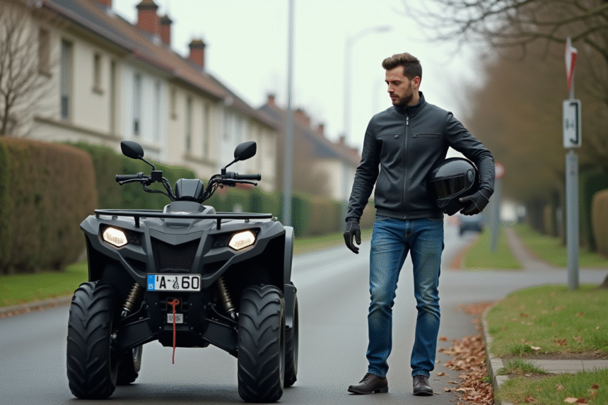 Homme en veste de moto vérifiant son quad urbain en extérieur