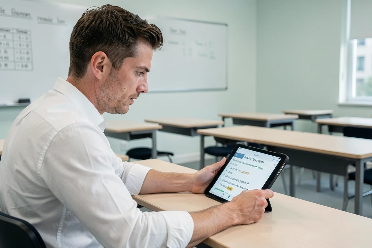 Homme adulte consultant un quiz interactif de grammaire française sur tablette dans une salle de classe, exercice sur le participe passé