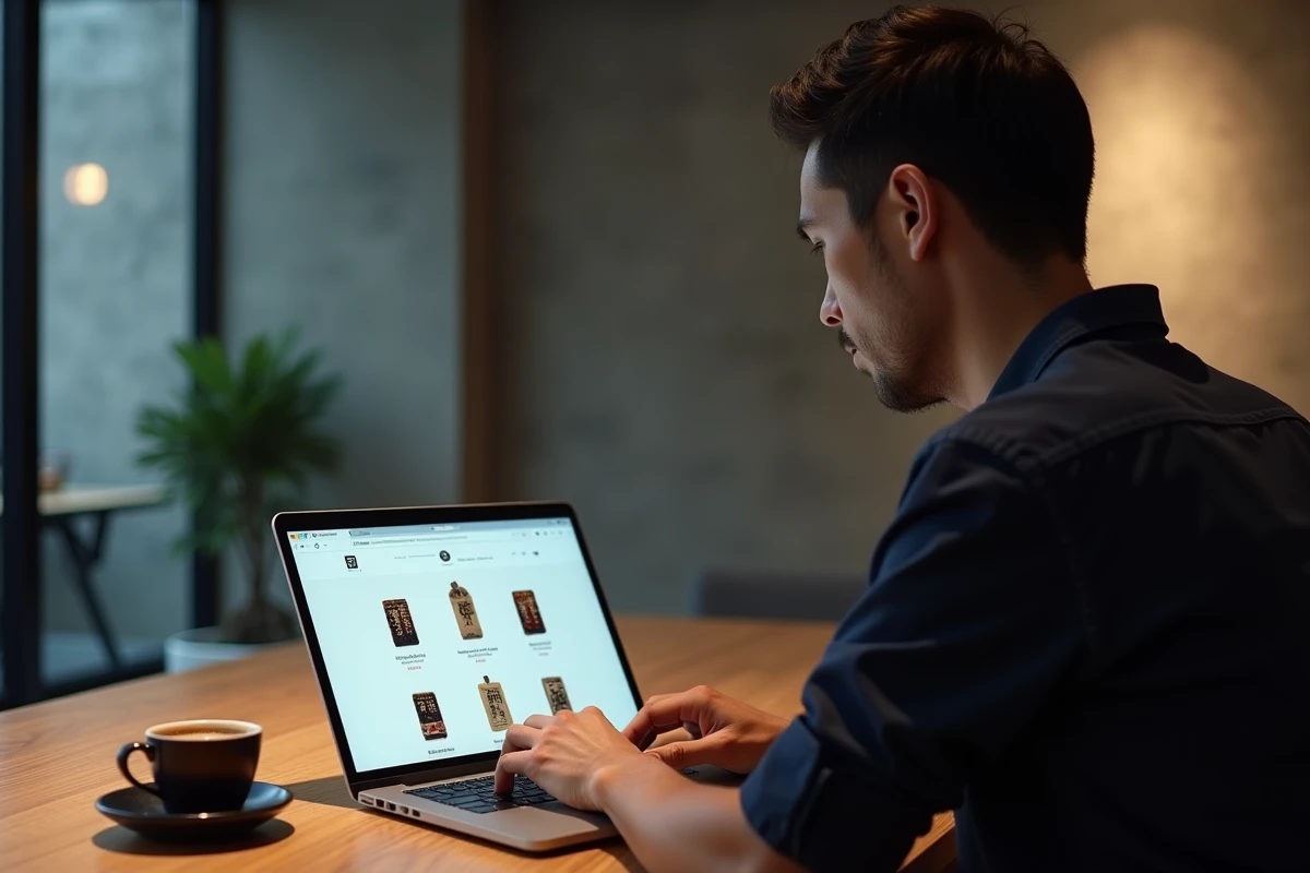 Homme consultant un site de vente de talismans omamori japonais sur un ordinateur portable dans un café moderne