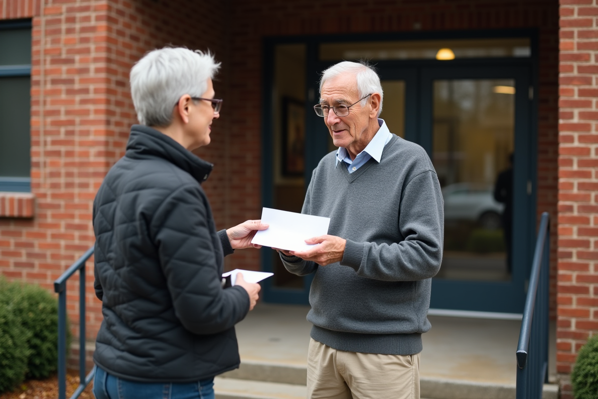 Homme âgé remet une enveloppe à une réceptionniste devant un bâtiment