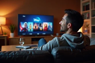 Homme regardant un catalogue de films Marvel et Disney sur une télévision 4K dans un salon moderne en 2026
