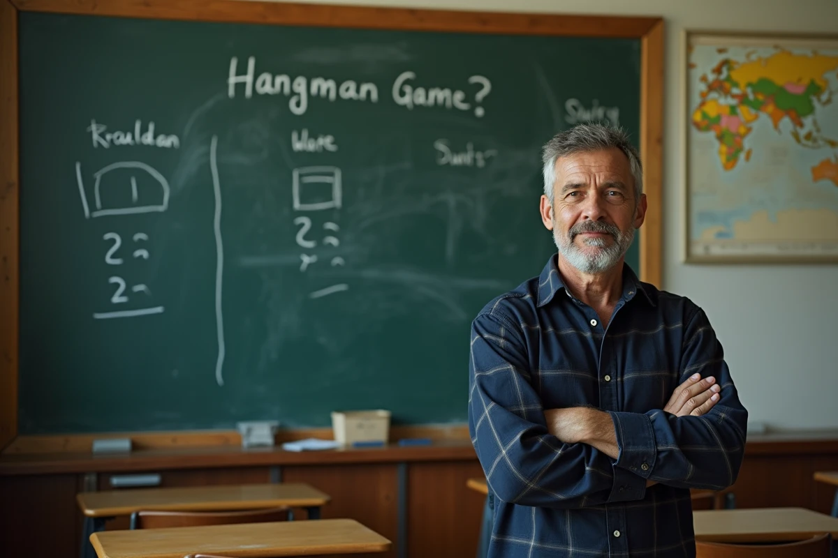 Homme devant un tableau noir avec un jeu de pendu inachevé et des lettres difficiles à deviner