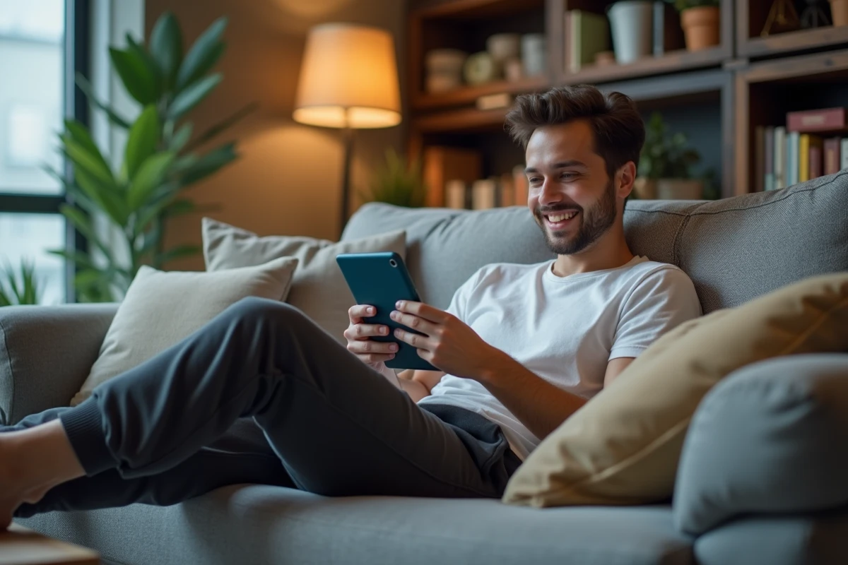 Homme jouant à Monopoly GO sur tablette depuis son canapé en profitant des récompenses du Club des Magnats