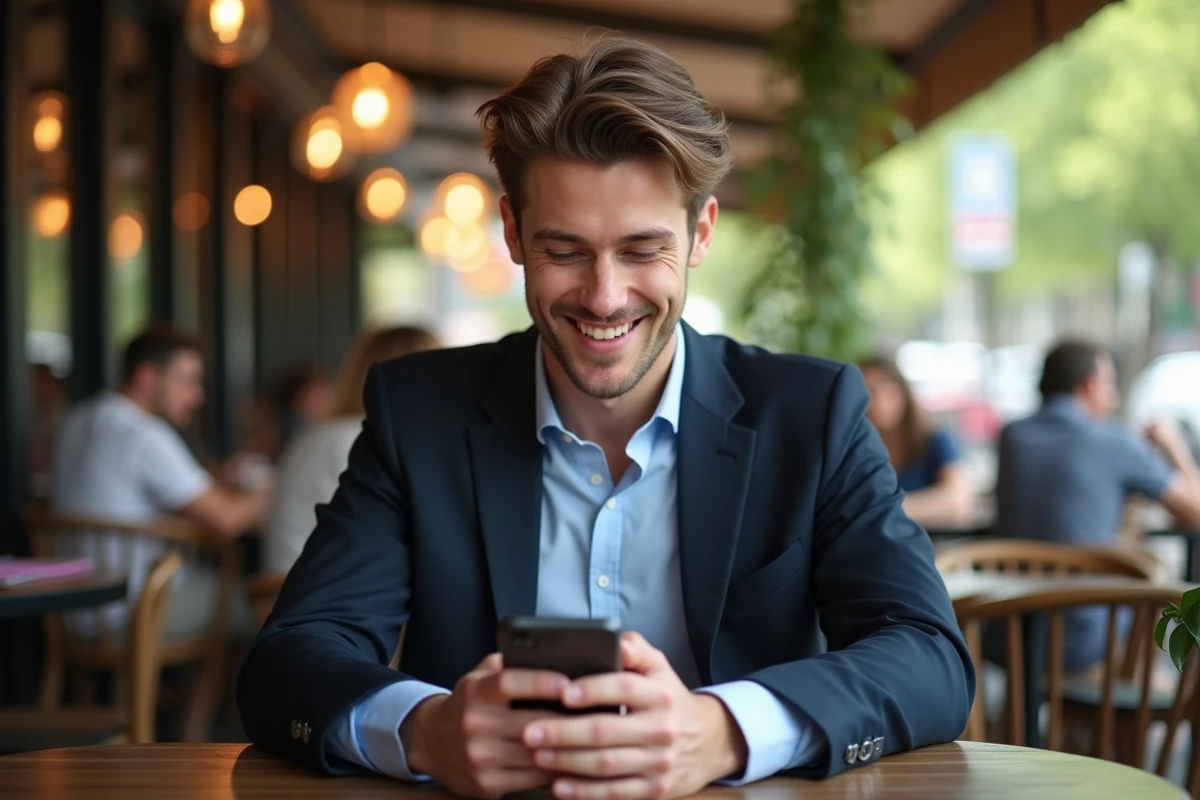 Homme transgenre souriant avec son téléphone au café en extérieur