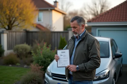 Homme concentré tenant un certificat d'immatriculation française