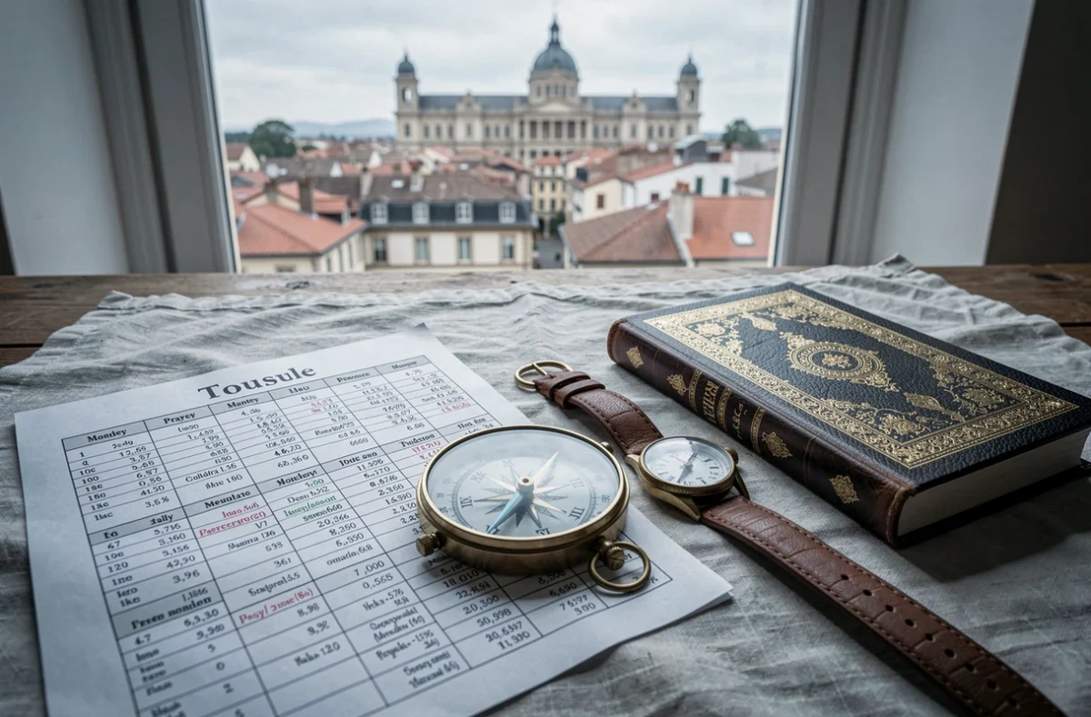 Tableau des horaires de prière de Toulouse avec boussole et montre sur un bureau en bois