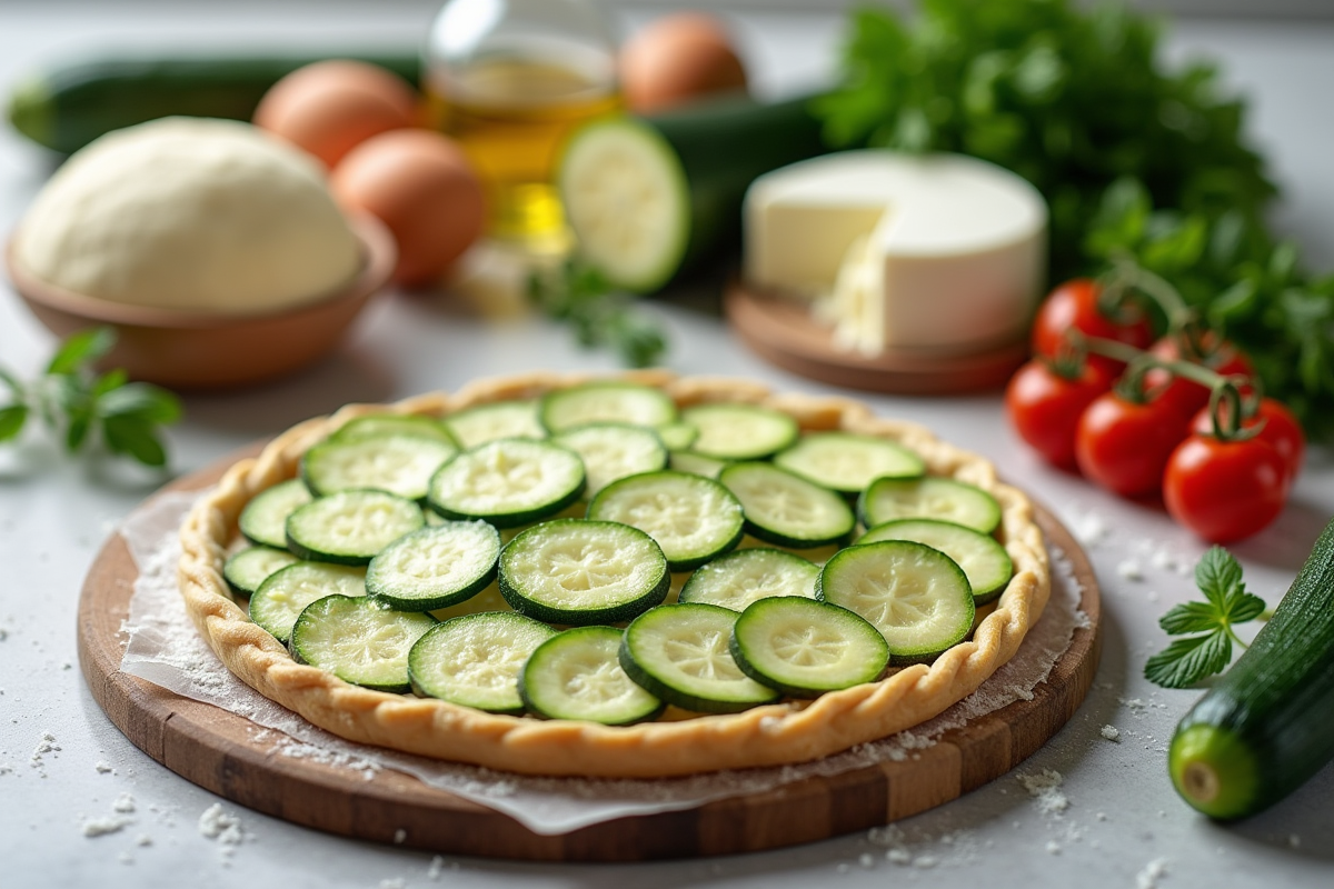 Ingrédients pour tarte courgette chèvre sur plan de travail moderne