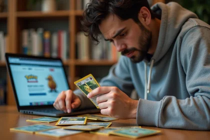 Homme inspectant des cartes Pokémon achetées sur internet avec un regard sceptique