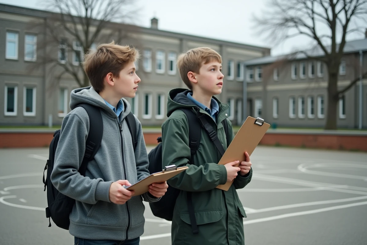 Deux délégués de classe inspectent une cour de récréation vide avec des blocs-notes pour proposer des améliorations