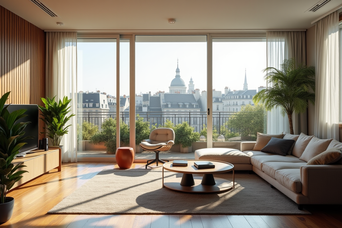 Intérieur lumineux d un appartement parisien avec vue sur les toits