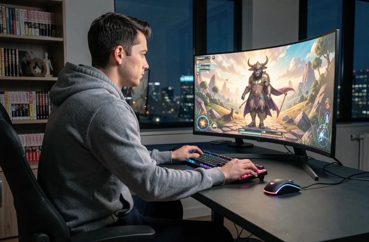 Jeune homme en train de jouer à un jeu vidéo en ligne représentant le personnage mythologique Io sur un grand écran incurvé