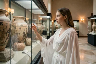 Jeune femme en tenue gréco-antique examinant des poteries mythologiques grecques dans un musée, illustrant la mythologie de Io