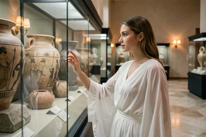 Jeune femme en tenue gréco-antique examinant des poteries mythologiques grecques dans un musée, illustrant la mythologie de Io
