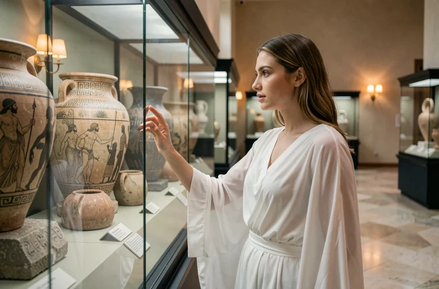 Jeune femme en tenue gréco-antique examinant des poteries mythologiques grecques dans un musée, illustrant la mythologie de Io