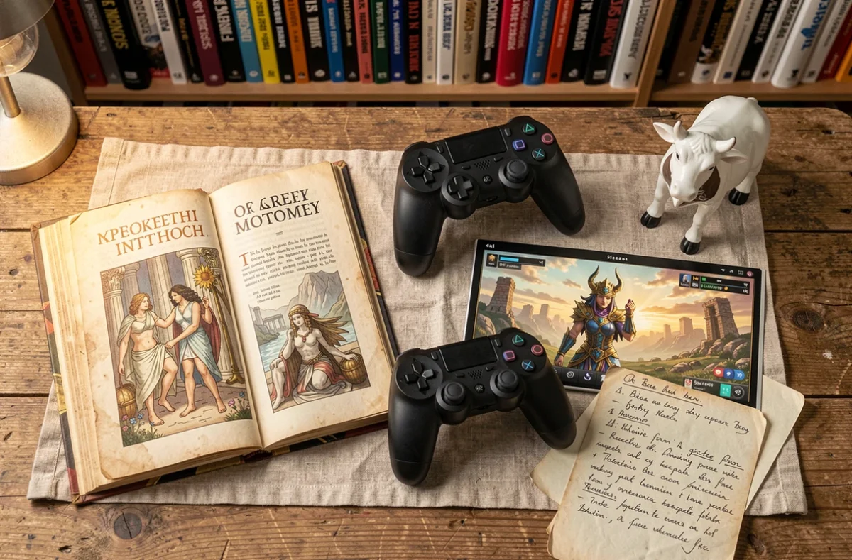 Flat-lay éditorial mêlant livre de mythologie grecque sur Io, manette de jeu vidéo et figurine de vache blanche symbolique