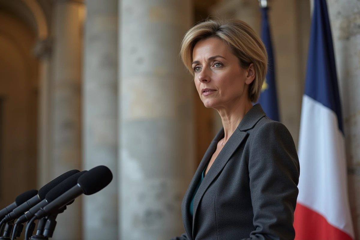 Correspondante politique prenant la parole devant des microphones lors d'une conférence de presse dans un bâtiment gouvernemental français, évoquant la carrière d'Isabelle Lasserre