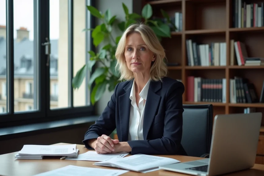 Journaliste professionnelle dans une salle de rédaction parisienne, assise à un bureau avec des notes et un ordinateur portable, illustrant la vie professionnelle d'Isabelle Lasserre