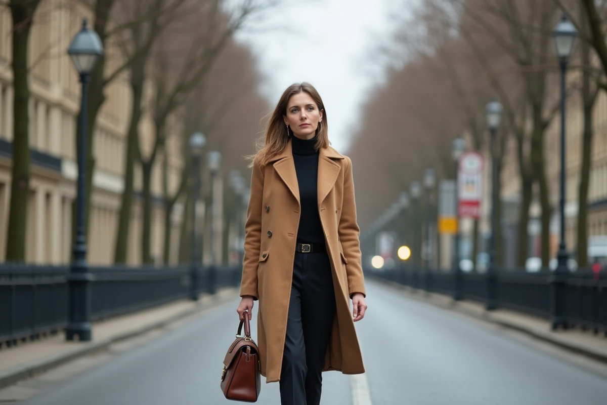 Femme journaliste spécialisée en géopolitique marchant dans un quartier diplomatique parisien en manteau camel, symbolisant l'expertise internationale d'Isabelle Lasserre