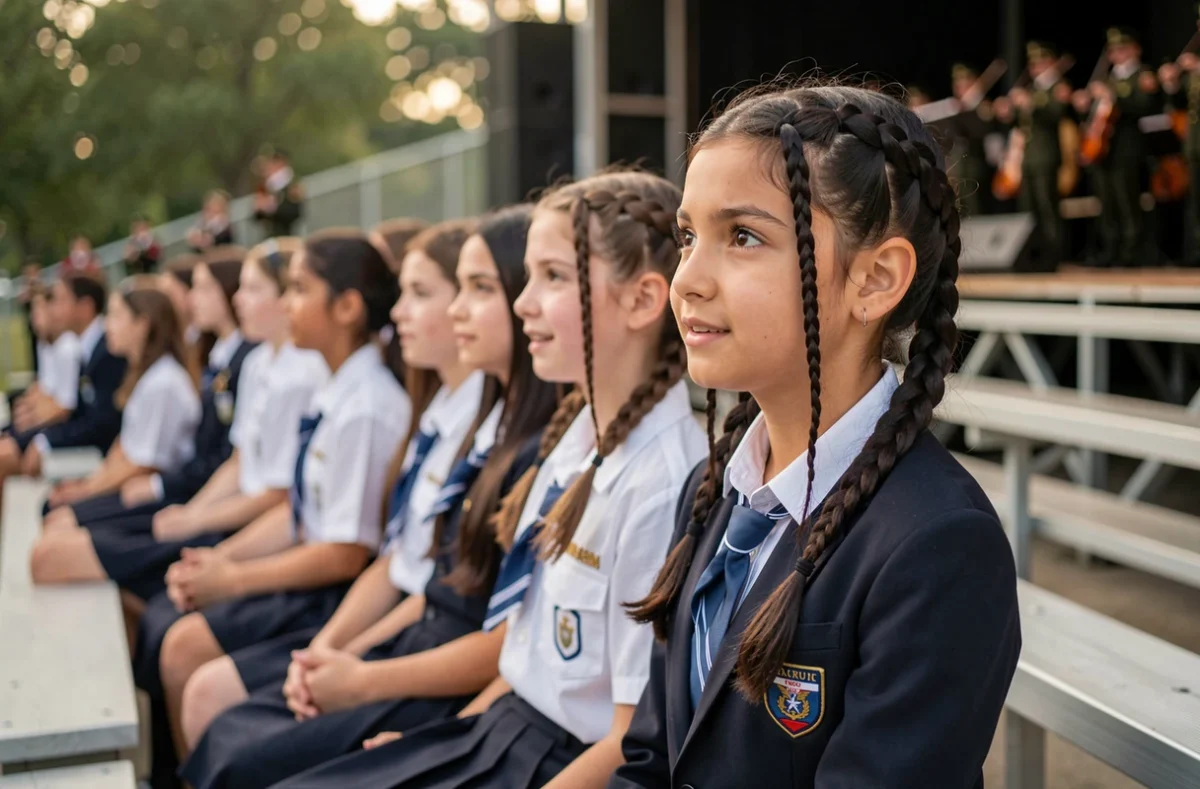 Jeune adolescente écoutant avec émotion un concert de musique militaire lors d'une commémoration scolaire