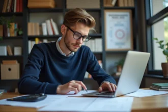 Jeune étudiant en université utilisant un ordinateur portable