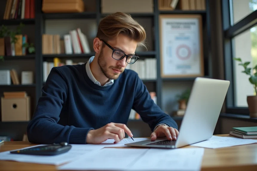 Jeune étudiant en université utilisant un ordinateur portable