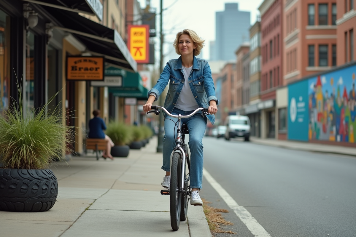 Jeune femme à vélo recyclé dans une rue urbaine