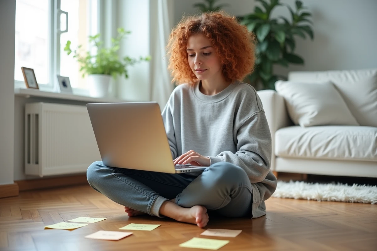 Jeune femme consultant un site de grammaire française sur son ordinateur portable posé sur le sol de son appartement