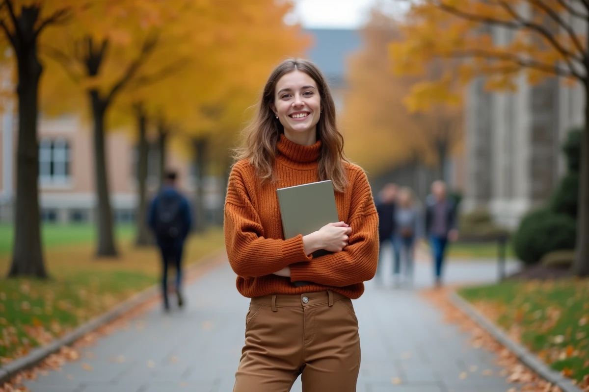 Jeune femme MBTI Protagoniste ENFJ inspirante sur un campus universitaire en automne