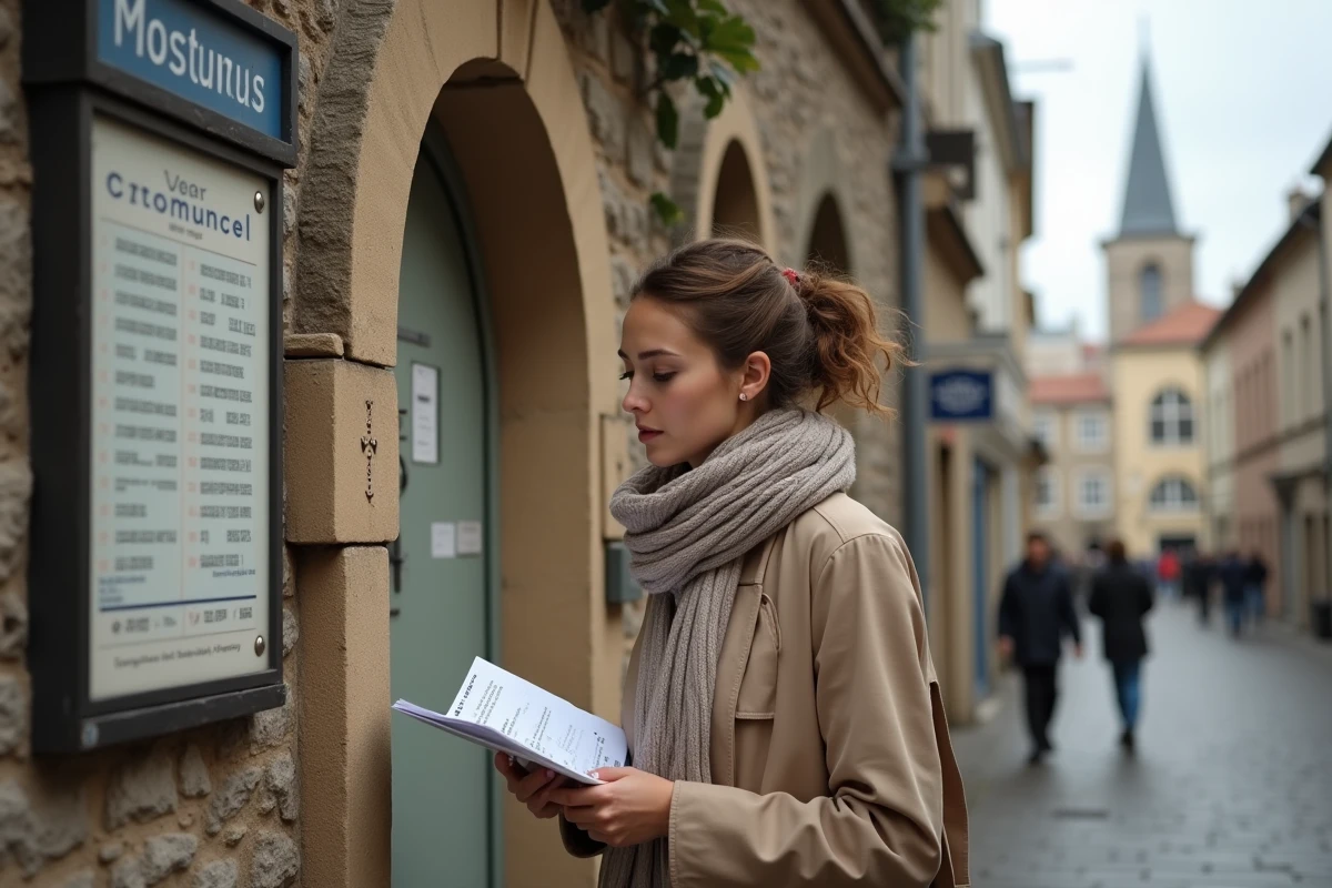 Jeune femme consultat un horaire devant une mosquée à Compiègne
