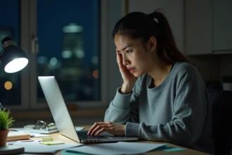 Jeune femme concentrée devant son ordinateur dans un bureau à domicile