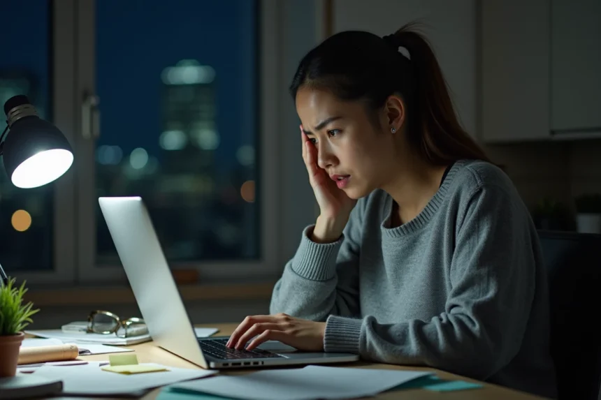 Jeune femme concentrée devant son ordinateur dans un bureau à domicile
