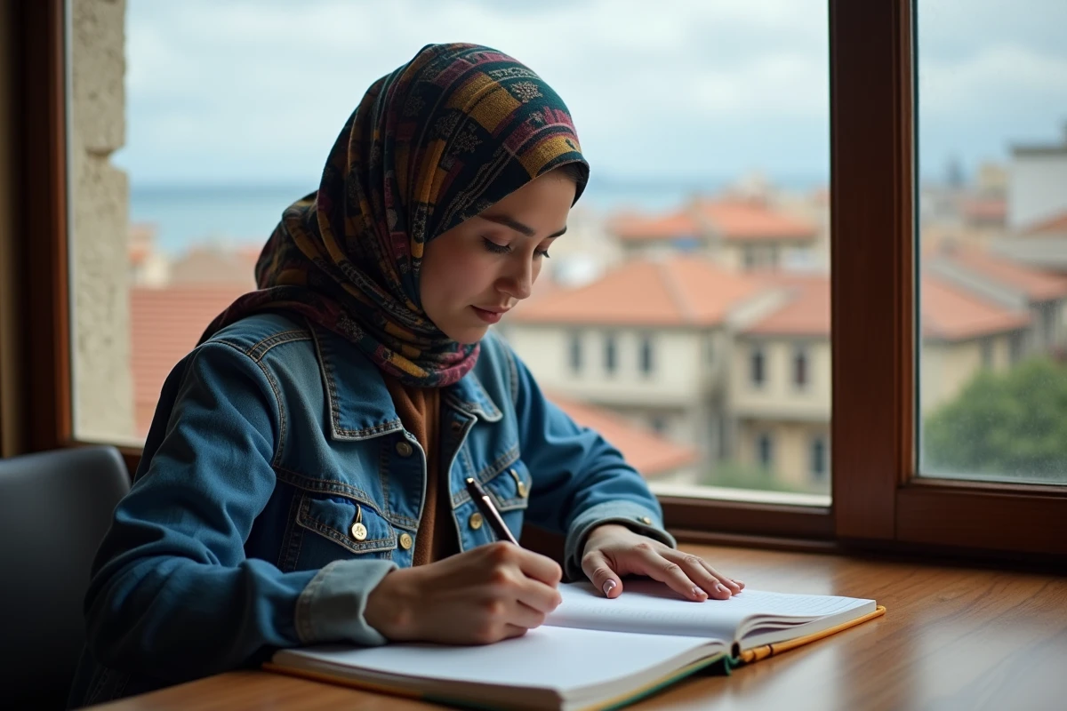Jeune femme en hijab notant ses prières dans un carnet
