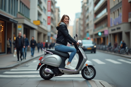 Jeune femme souriante avec scooter en ville dynamique