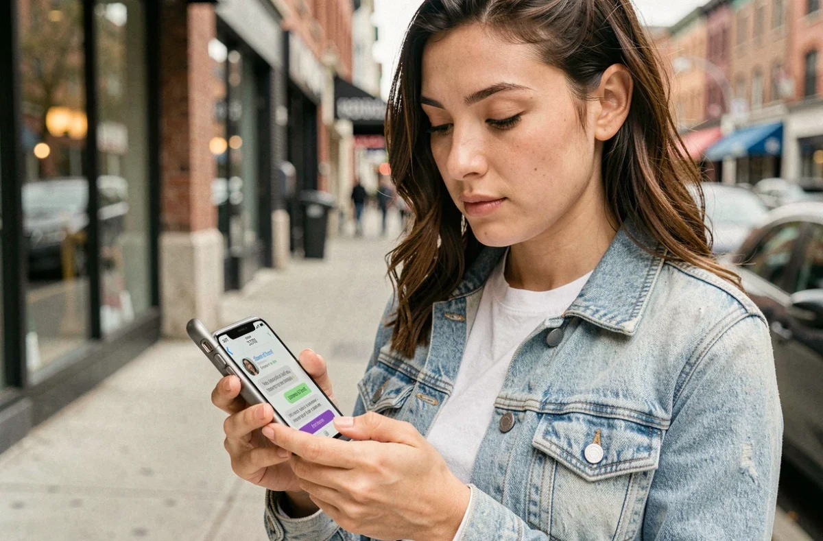 Jeune femme en ville envoyant un SMS au 33700 pour signaler un appel spam provenant d'un numéro 0270