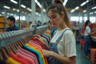 Jeune femme curieuse examine des textiles colorés en showroom